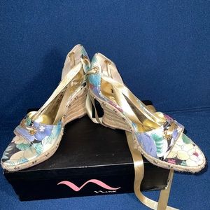 Nina Devin Floral Espadrilles Wedges Ribbon Lace